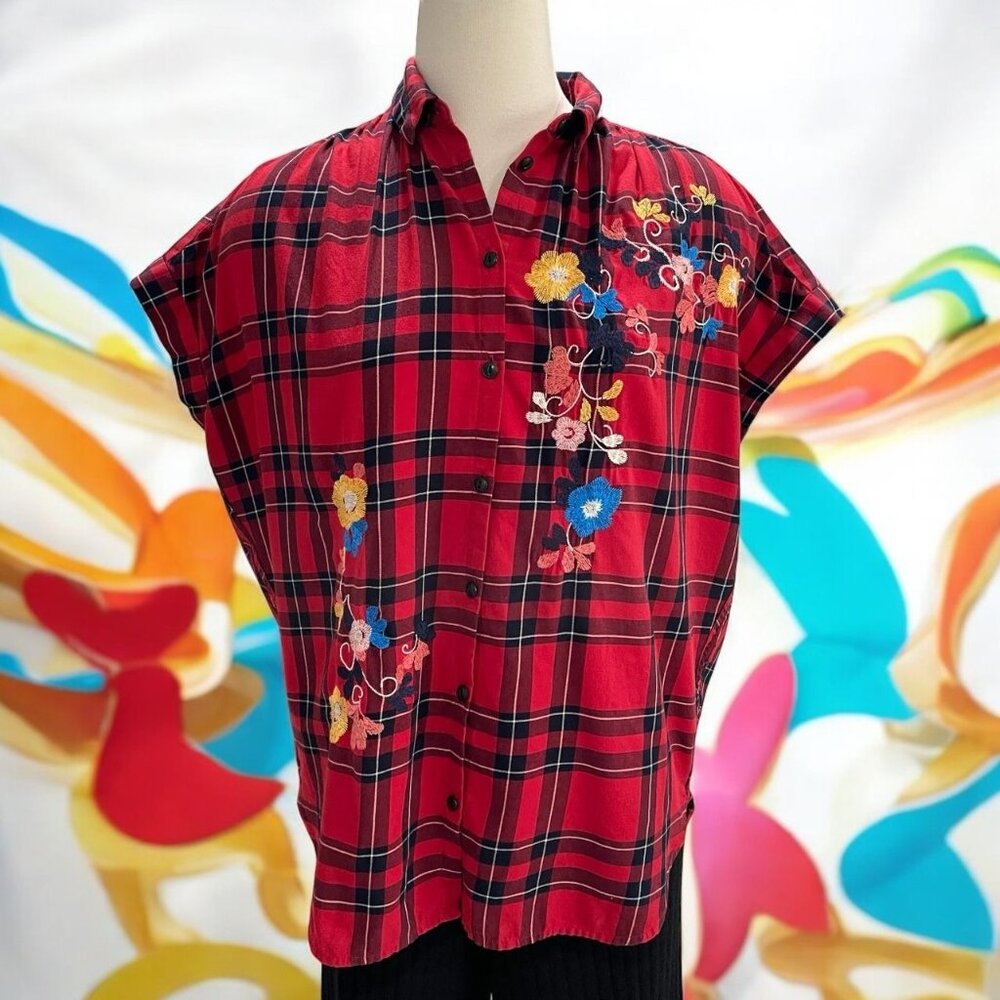 Madewell Red Plaid Shirt‎ Embroidered Floral Relaxed XS Cottagecore Retro Boho